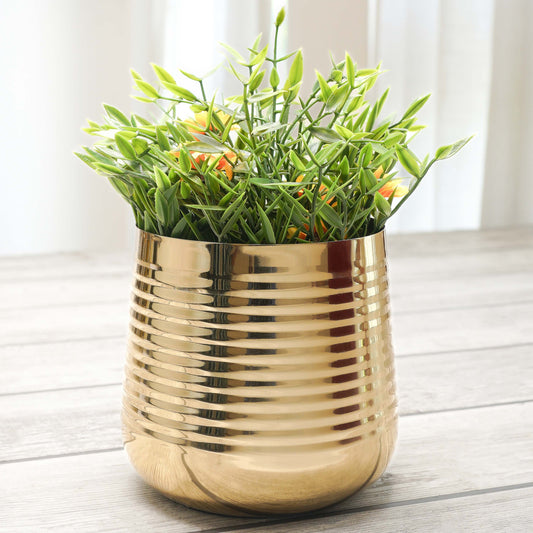 Metal Ribbed Golden Planter Pot, Small 