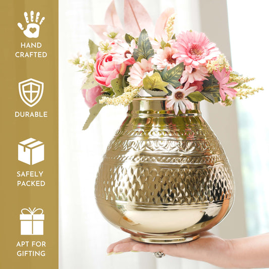 Behoma Metal Matki Style Flower Vase, Gold 