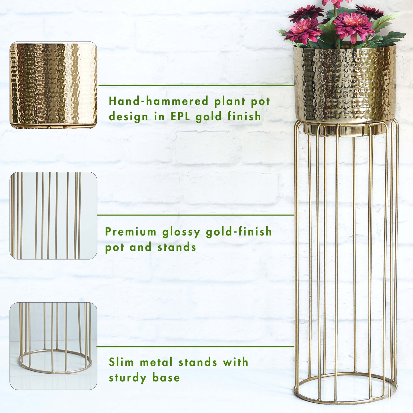 Hammered Metal Planters With Tall Stands, Set Of 2