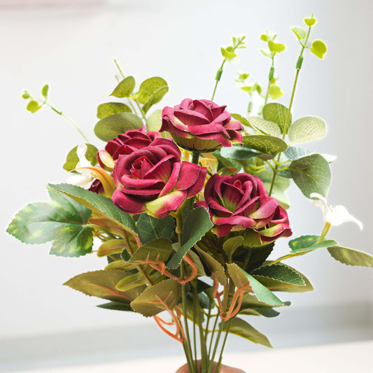 Red Roses with Eucalyptus leaves fillers, Bouquet (Faux Flowers)