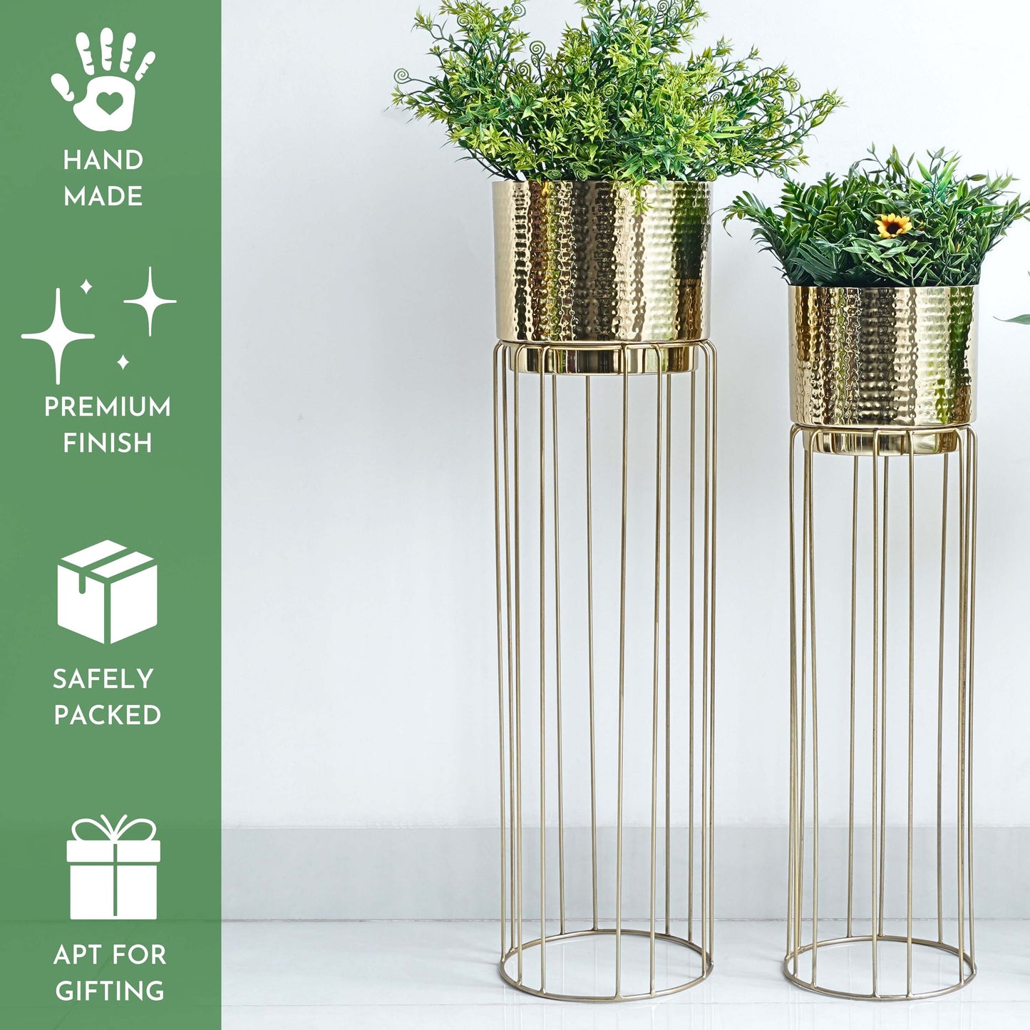 Hammered Metal Planters With Tall Stands, Set Of 2