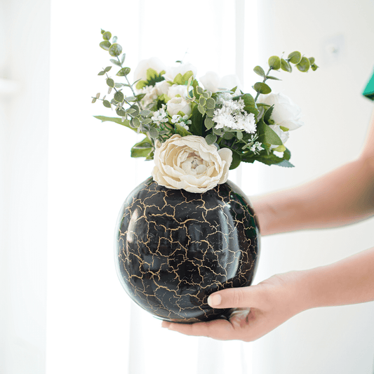 Metal Crackled Ball Vase, Black 