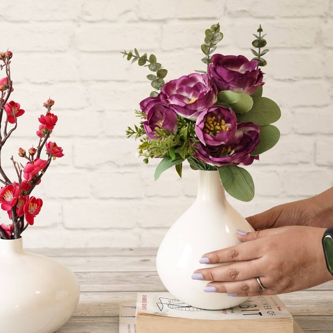 White metal flower vase set of 2 