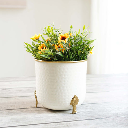 White hammered leaf leg plant pots 