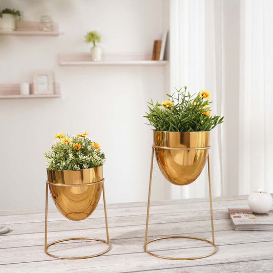 Metal Planter With Round Gold Stand, Set Of 2