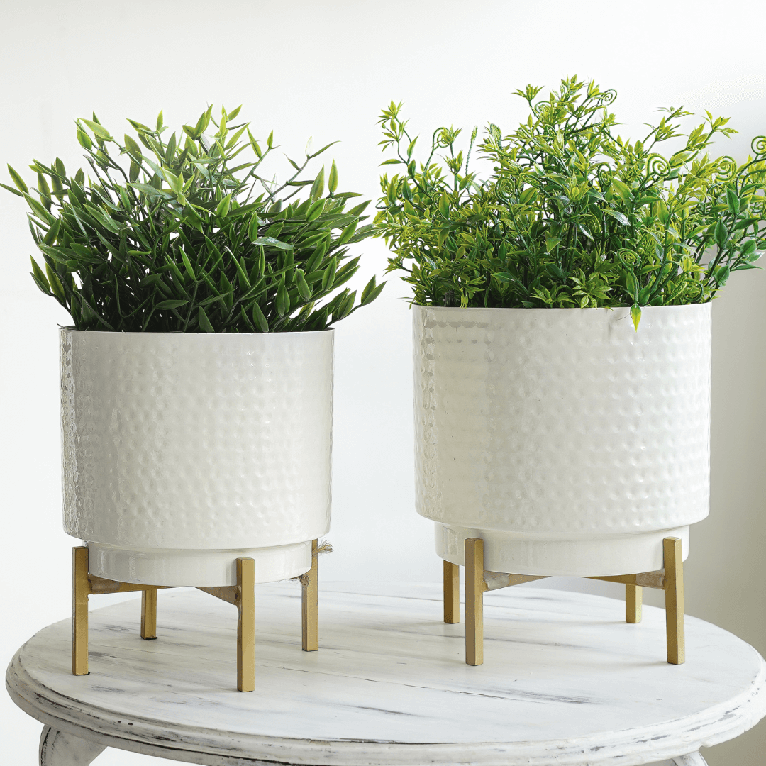 Metal Hammered White Planter Set of 2