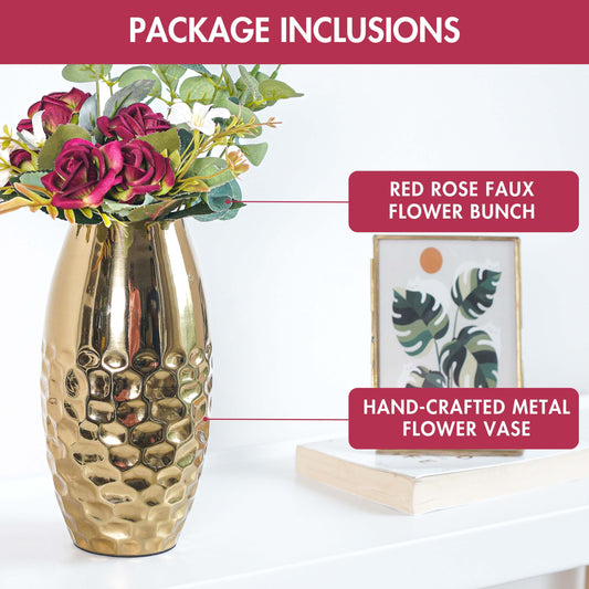 Combo of Metal Vase and Red Rose