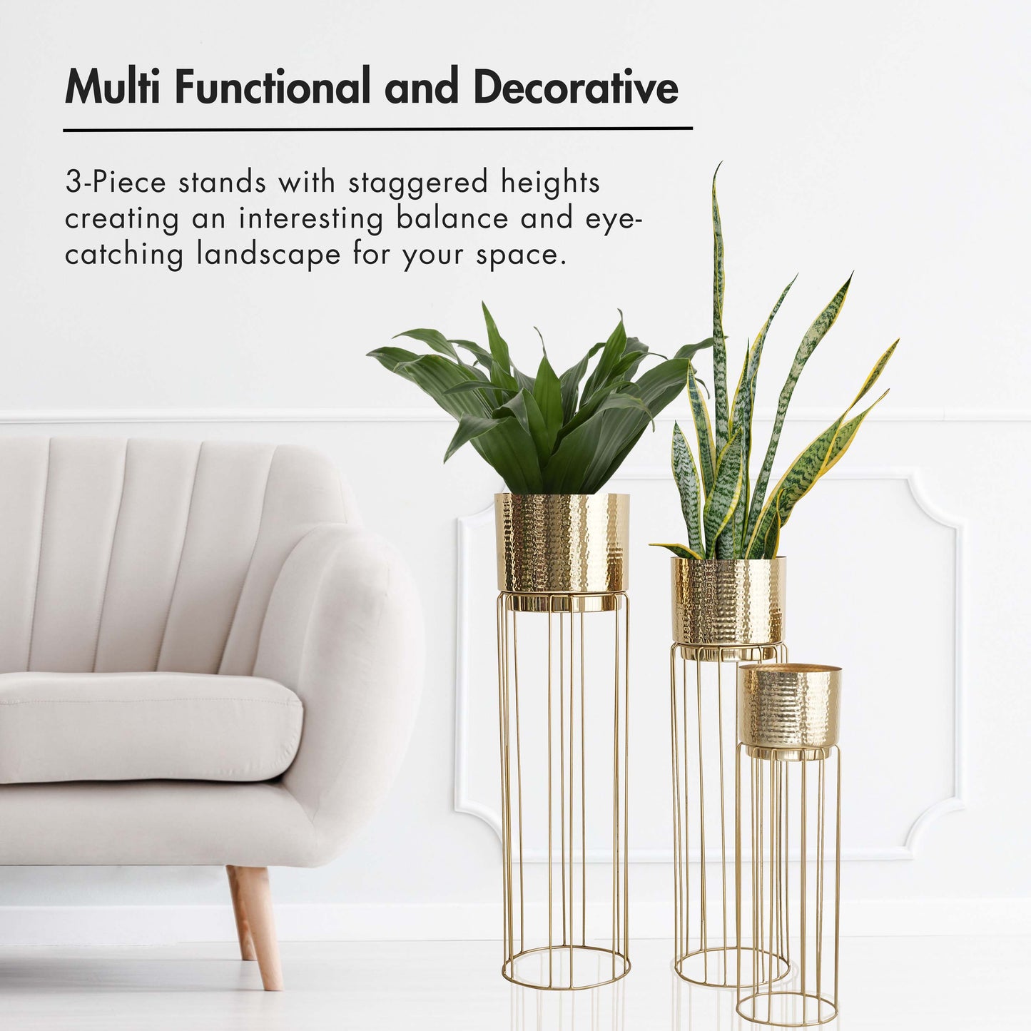 Modern Hammered Metal Planters With Tall Stands, Set Of 3