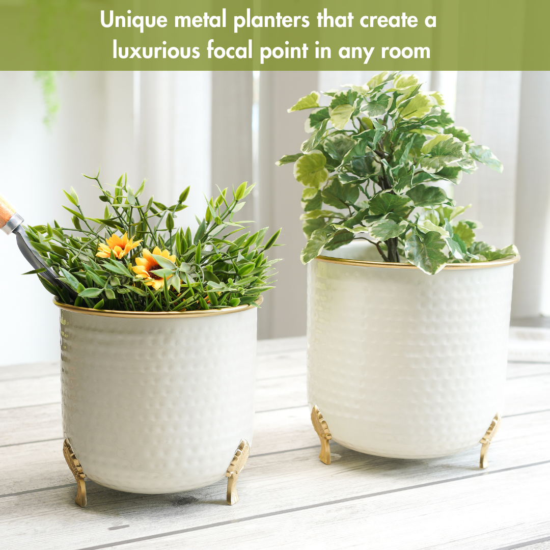 Metal Hammered Gold Rim Leaf leg Planter, White, Set of 2- 6''X 7''