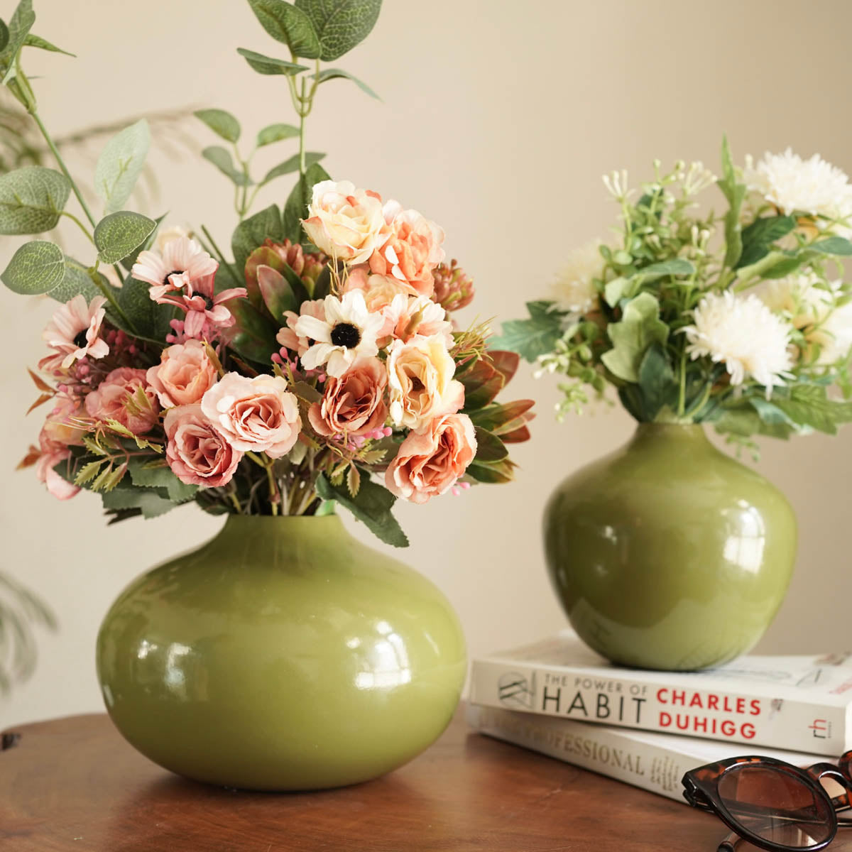 Olive green flower vase set of 2 