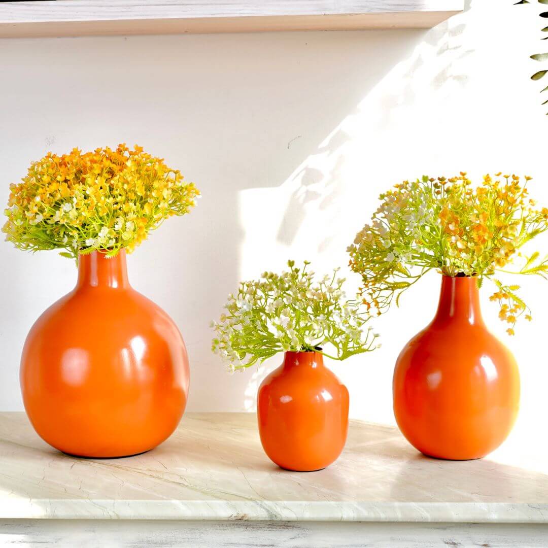 Orange bud metal flower vases with flower set of 3 