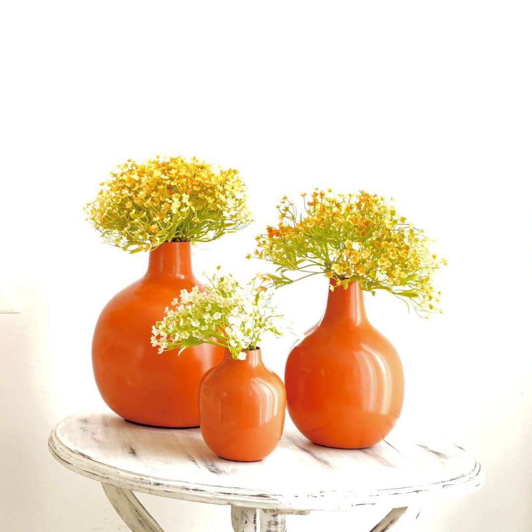 Orange bud metal flower vases with flower set of 3 