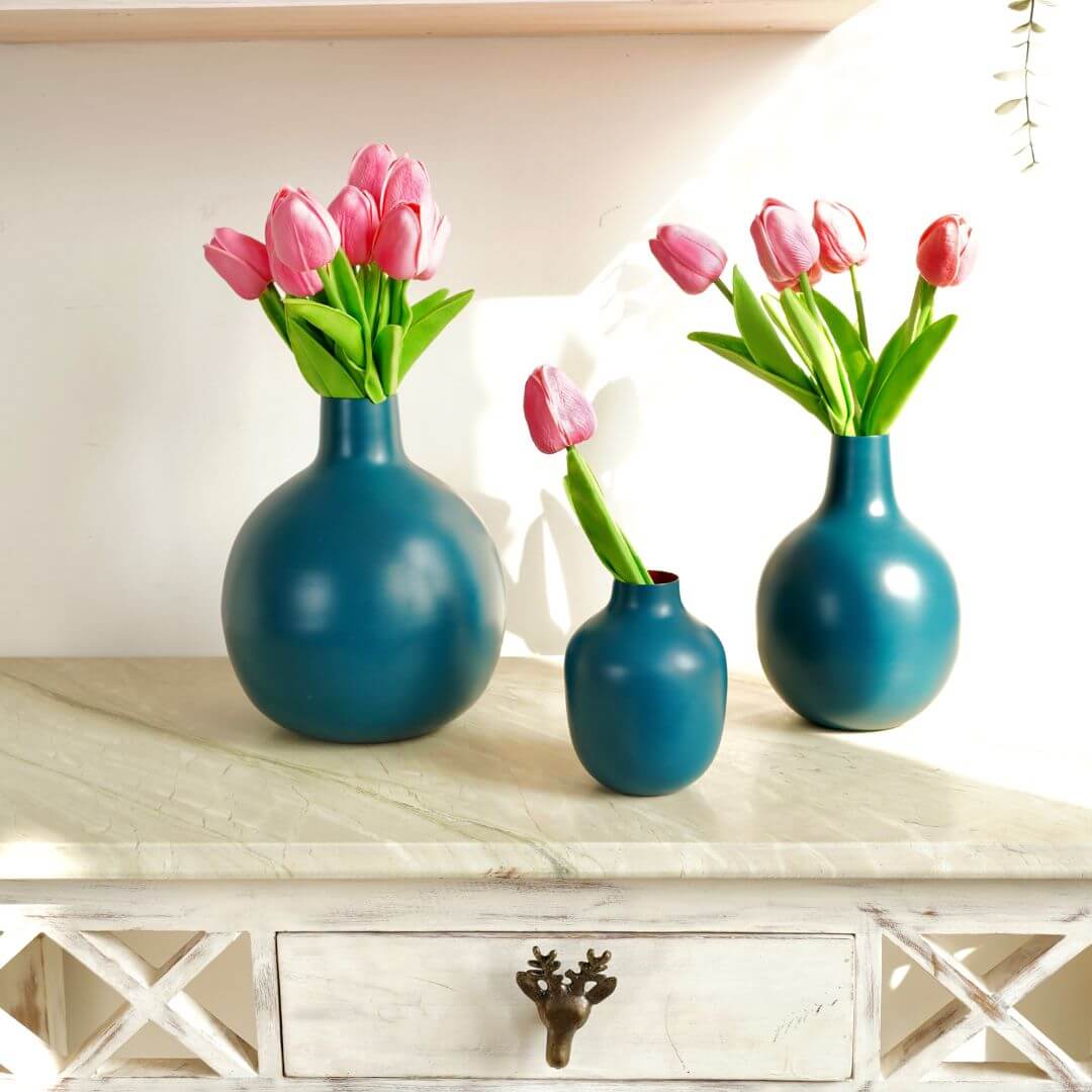 Opal Blue Metal Bud Flower Vase, Set of 3