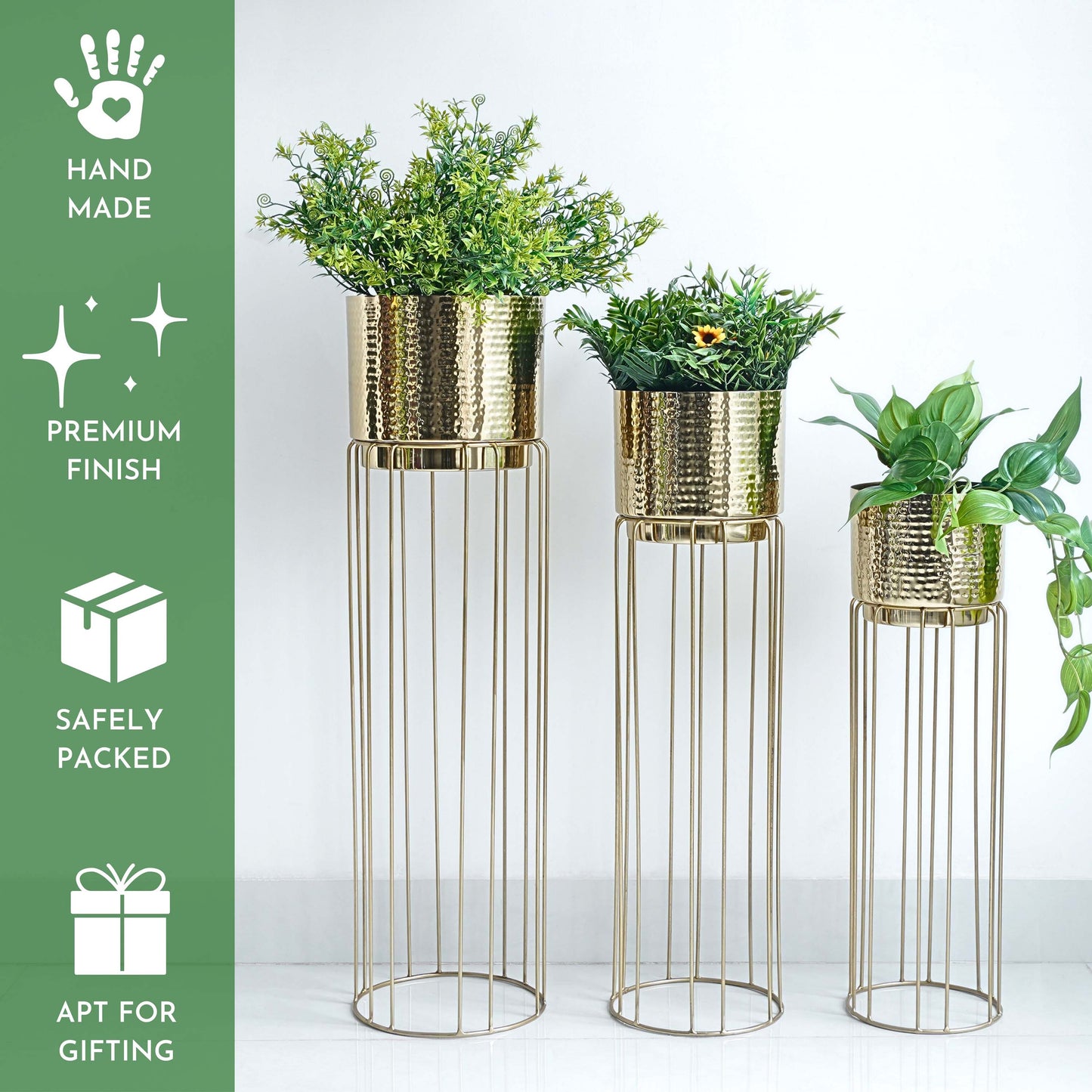 Modern Hammered Metal Planters With Tall Stands, Set Of 3