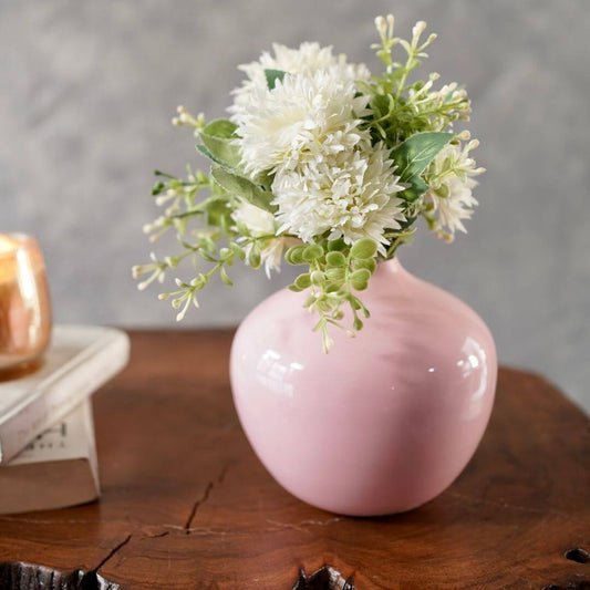 Metal Pink bud vase with artificial flower in vase