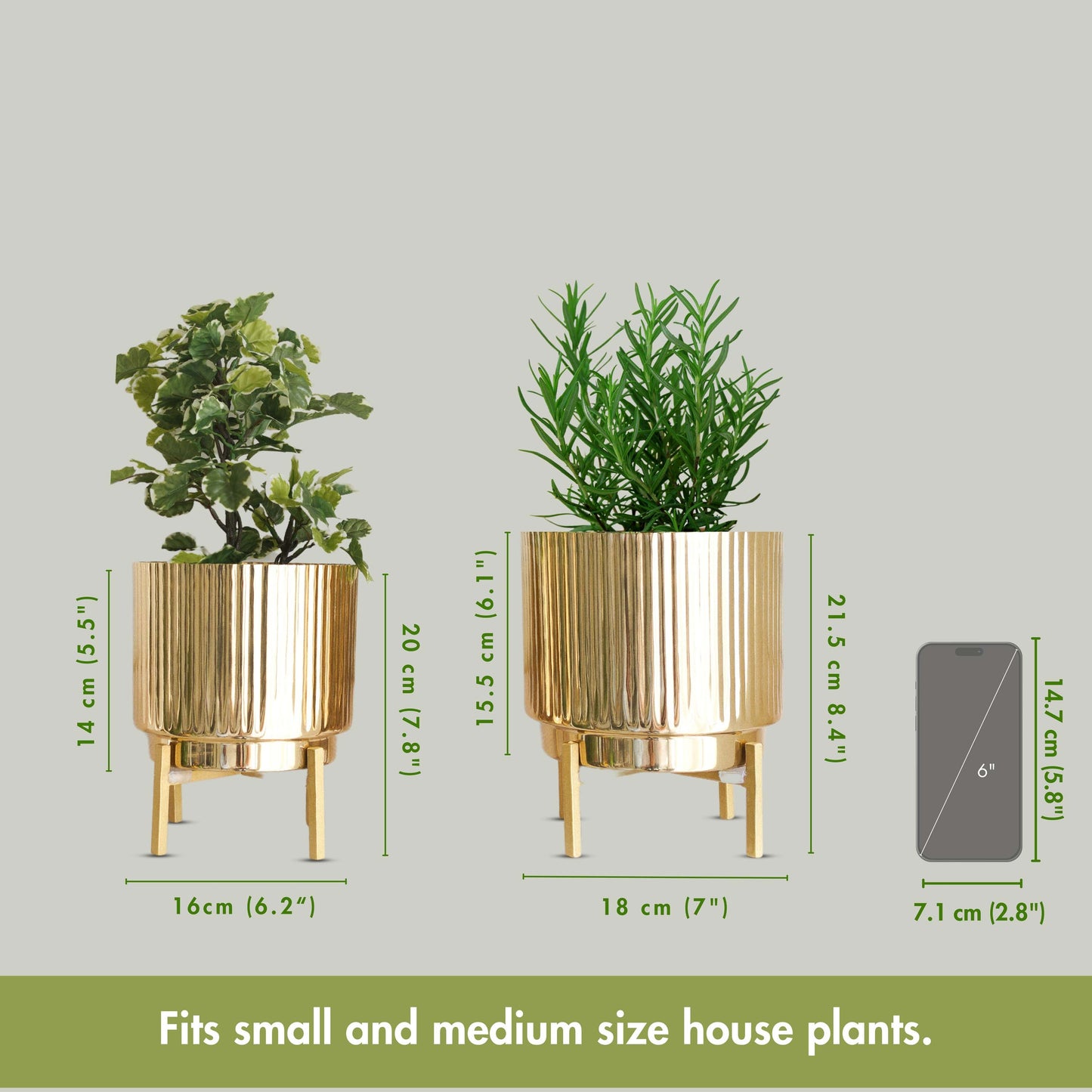 Golden Metal  Fluted Planter Set, 8" & 7.7"