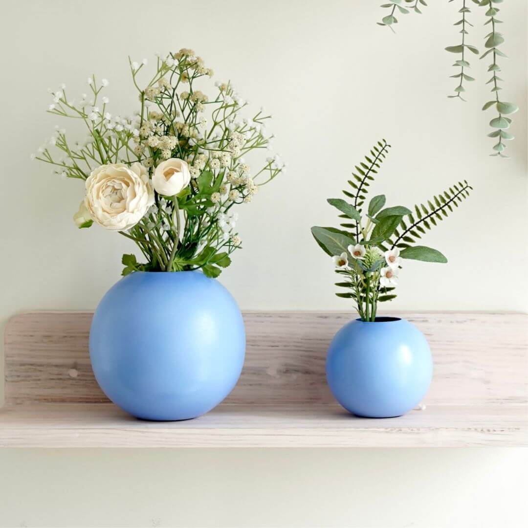 Metal ball flower vase blue set of 2 