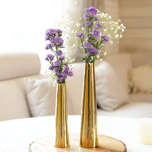 Metal Slim Cone Flower Vase, Gold, Set of 2 - 8.07'' - Behoma