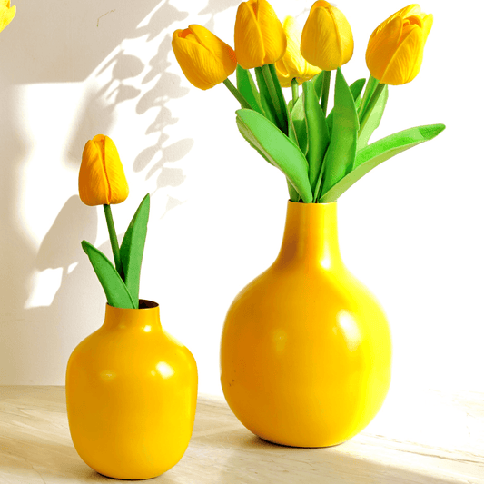 Yellow bud metal flower vase set of 2 