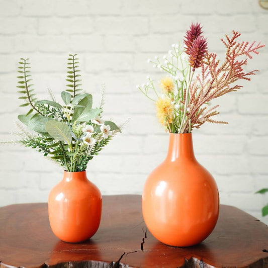 Metal Flower vases with orange color finish set of 2 