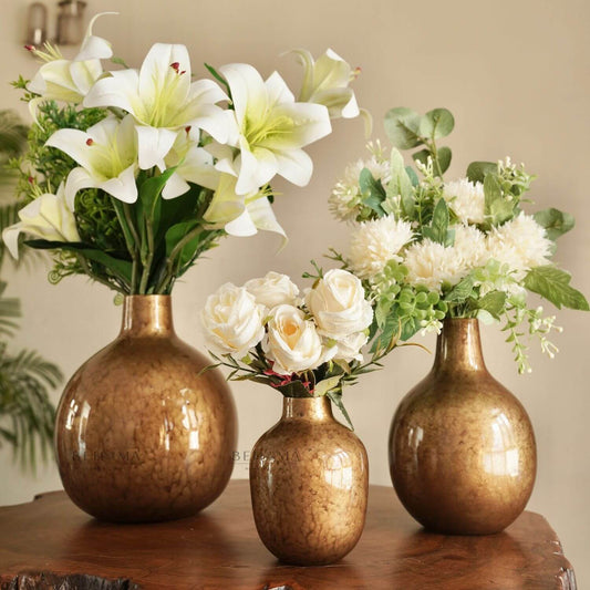 Antique Gold Metal Bud Vase, Set - 8.2'', 6.9'' & 4.7'' - Behoma