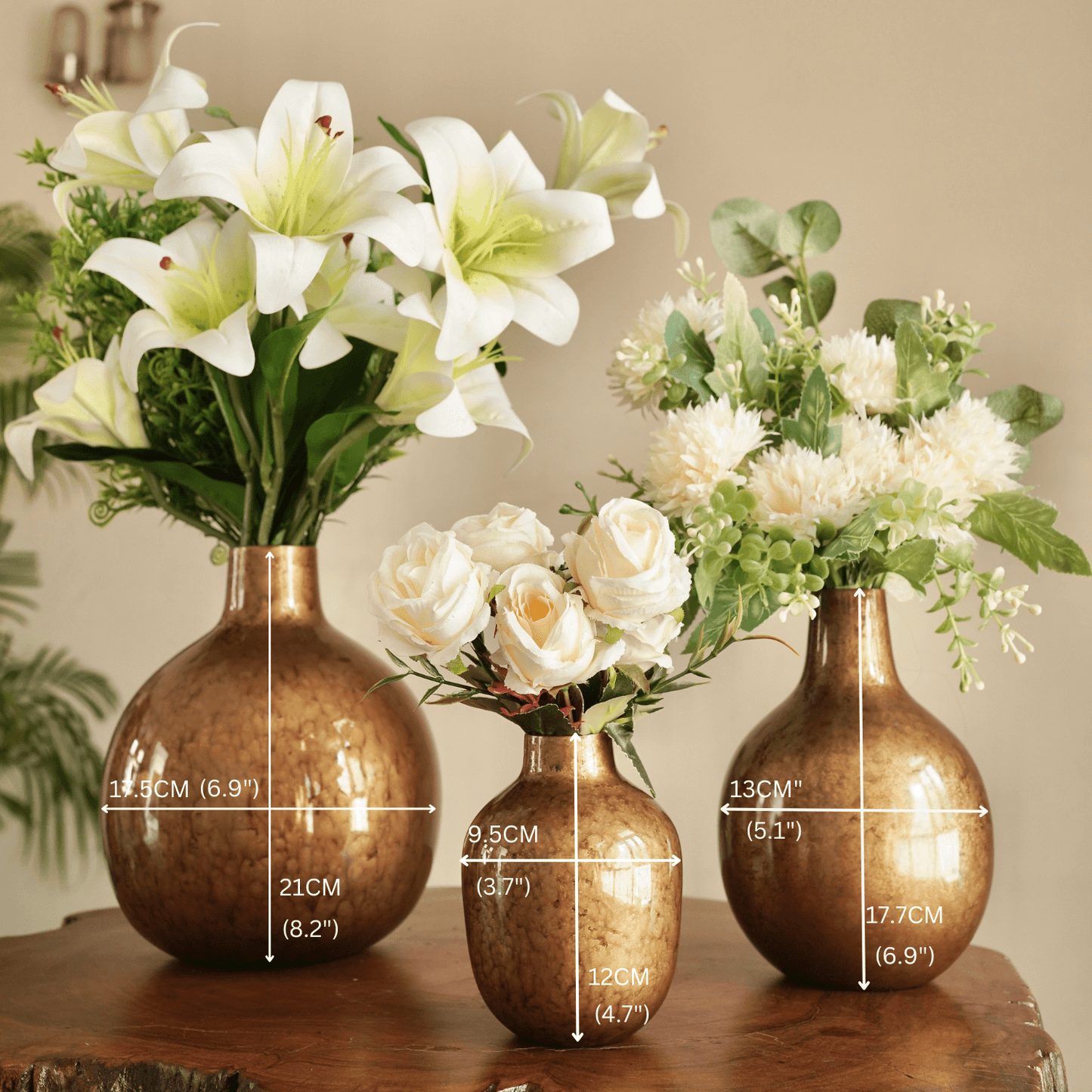 Antique Gold Metal Flower Vase, Set - 6.9'' & 4.7'' - Behoma