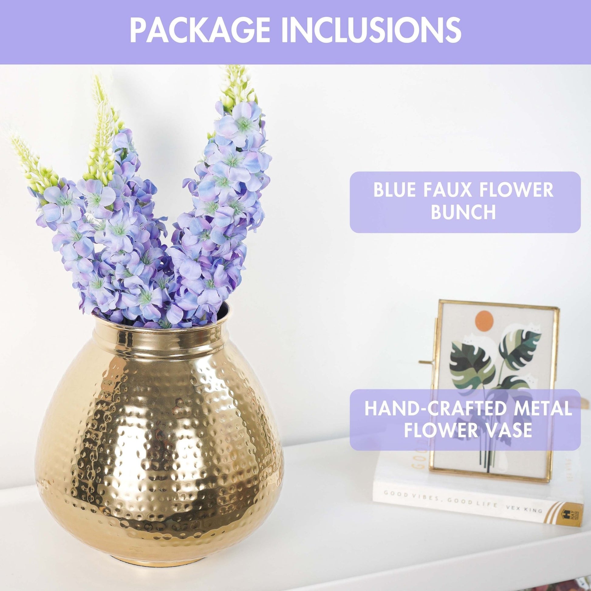 Behoma Combo of Gold Metal Embossed Matki Vase and Lavender Lupine Flowers Bouquet - Behoma