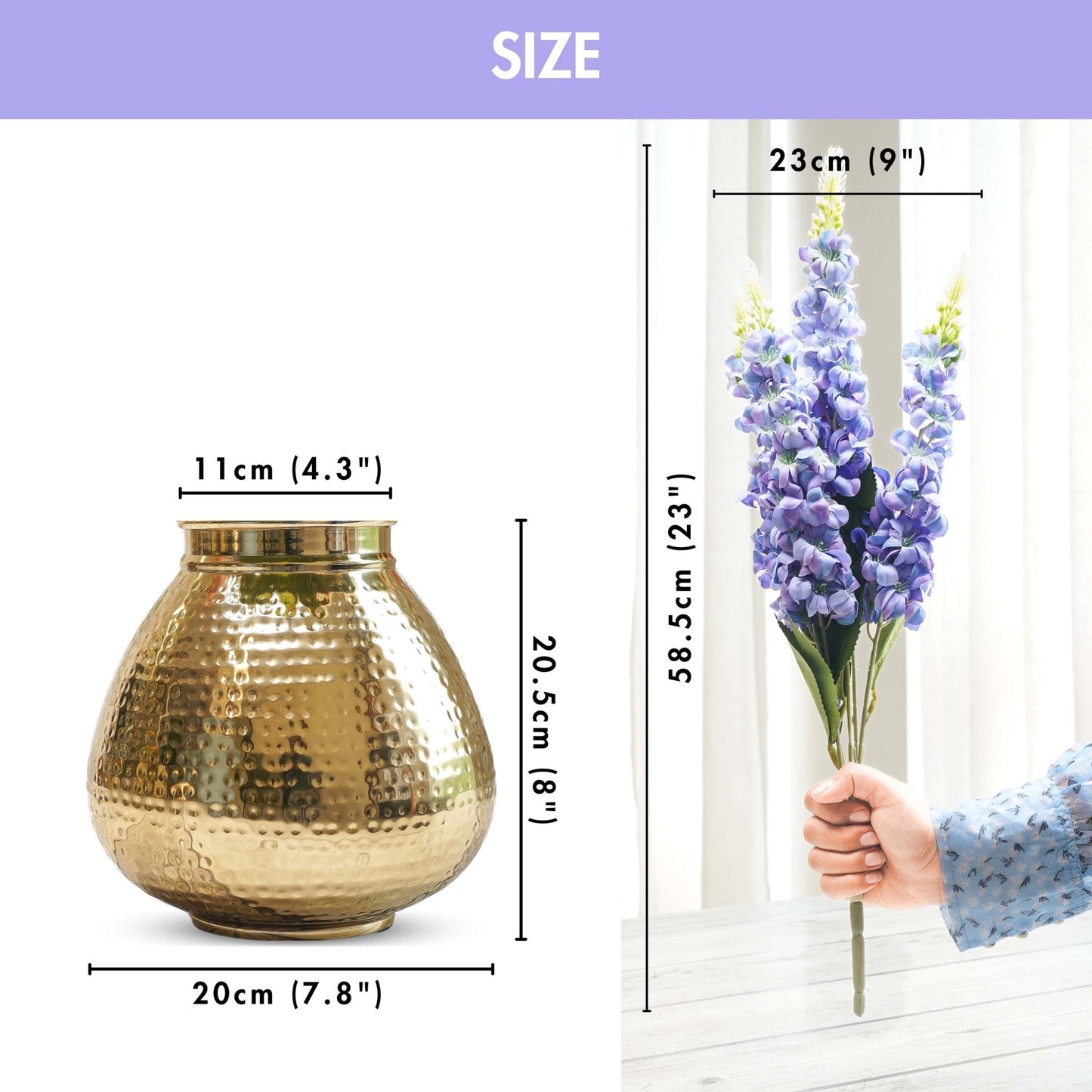 Behoma Combo of Gold Metal Embossed Matki Vase and Lavender Lupine Flowers Bouquet - Behoma