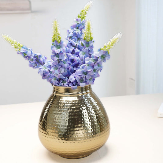 Behoma Combo of Gold Metal Embossed Matki Vase and Lavender Lupine Flowers Bouquet - Behoma