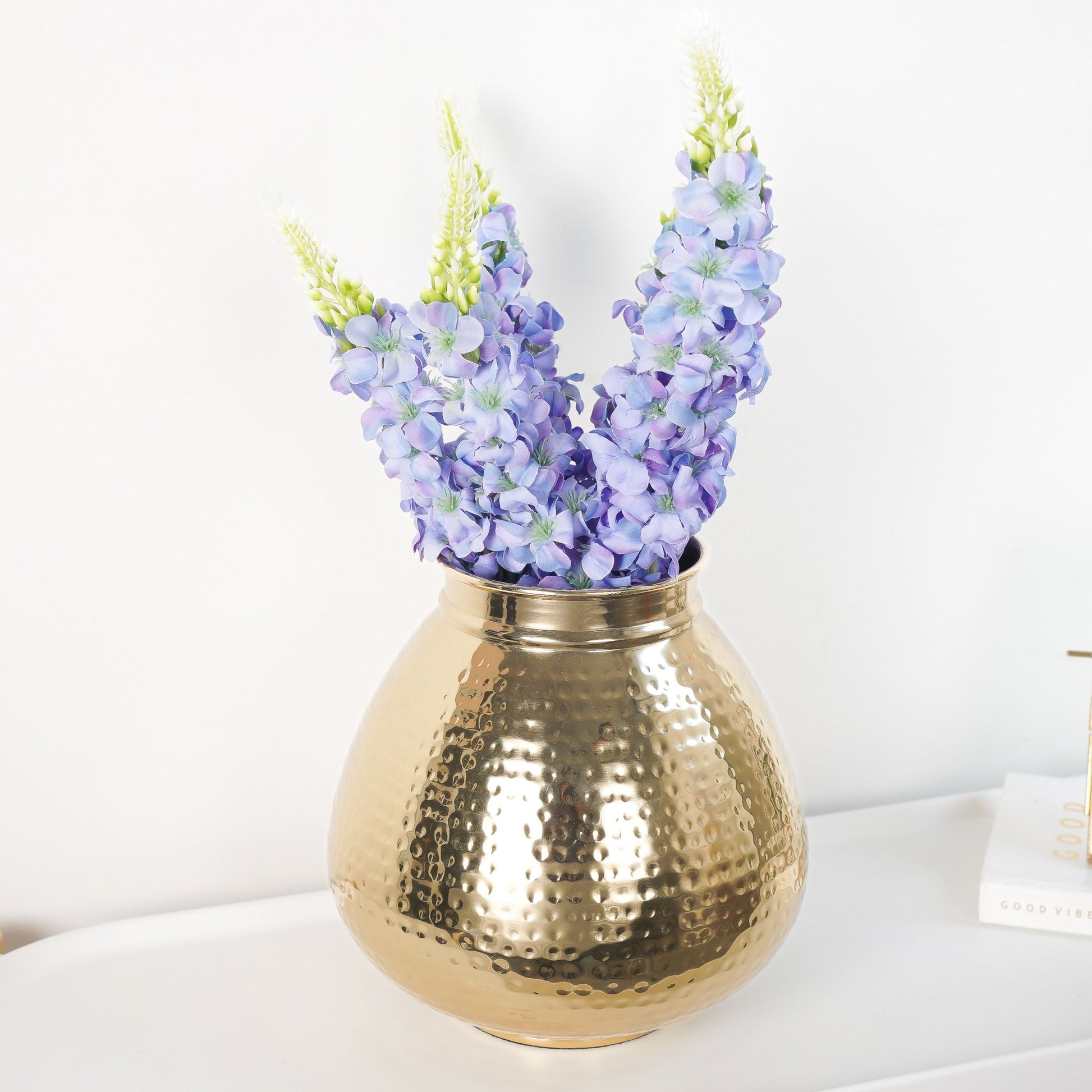 Behoma Combo of Gold Metal Embossed Matki Vase and Lavender Lupine Flowers Bouquet - Behoma