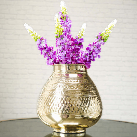 Behoma Combo of Gold Metal Embossed Matki Vase and Purple Lupine Flowers Bouquet - Behoma