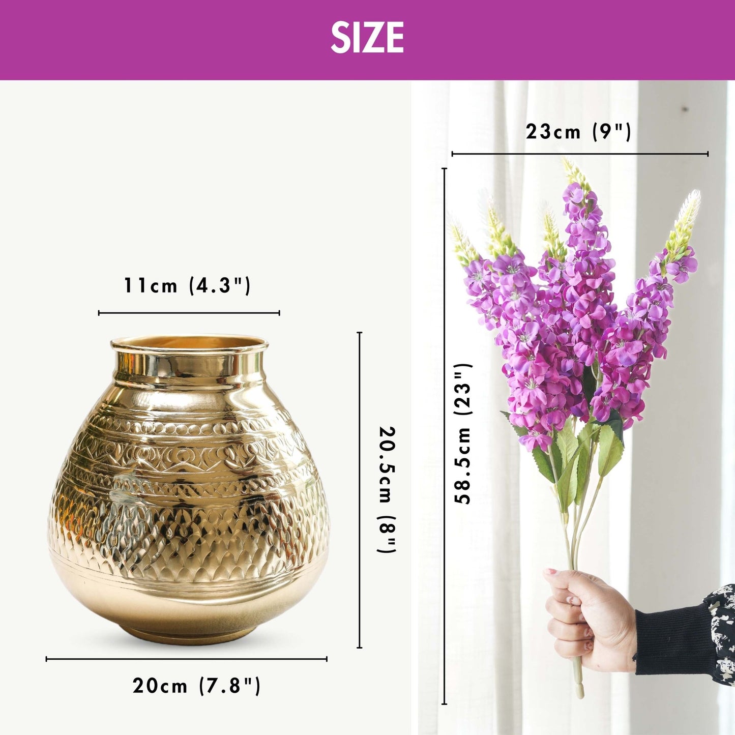 Behoma Combo of Gold Metal Embossed Matki Vase and Purple Lupine Flowers Bouquet - Behoma