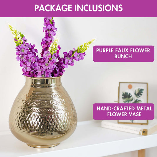 Behoma Combo of Gold Metal Embossed Matki Vase and Purple Lupine Flowers Bouquet - Behoma