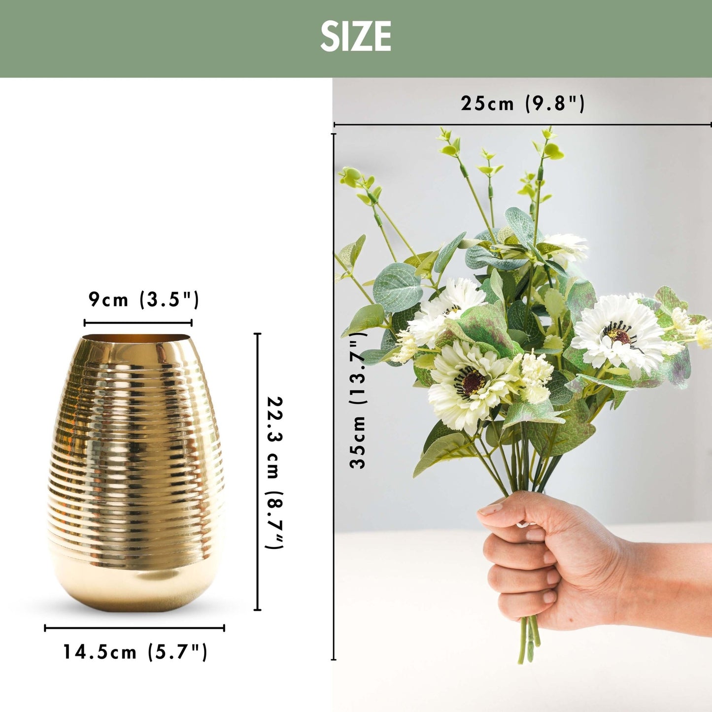 Behoma Combo of Gold Metal Ribbed Vase and Artificial Flowers Bouquet (White Daisy) - Behoma