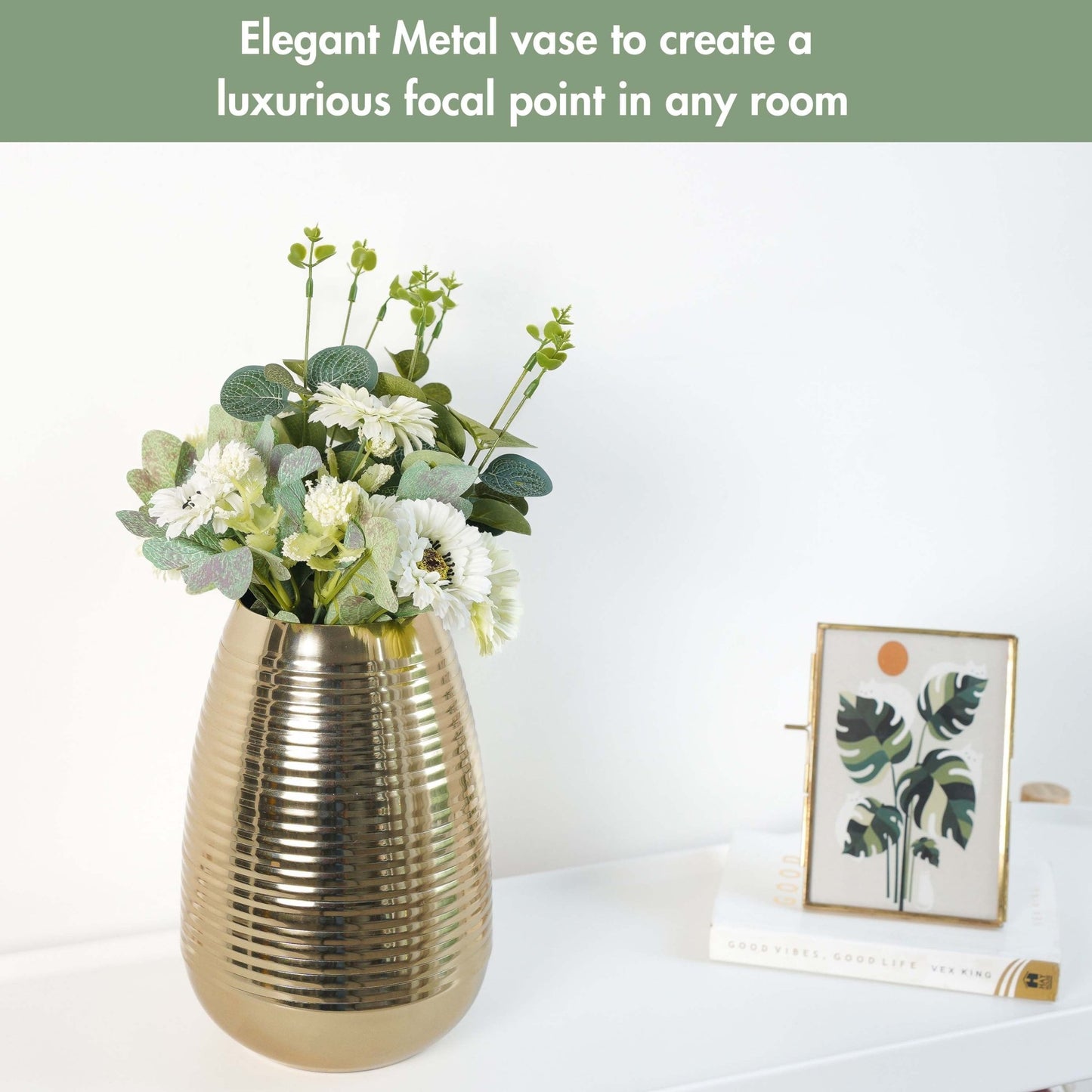 Behoma Combo of Gold Metal Ribbed Vase and Artificial Flowers Bouquet (White Daisy) - Behoma