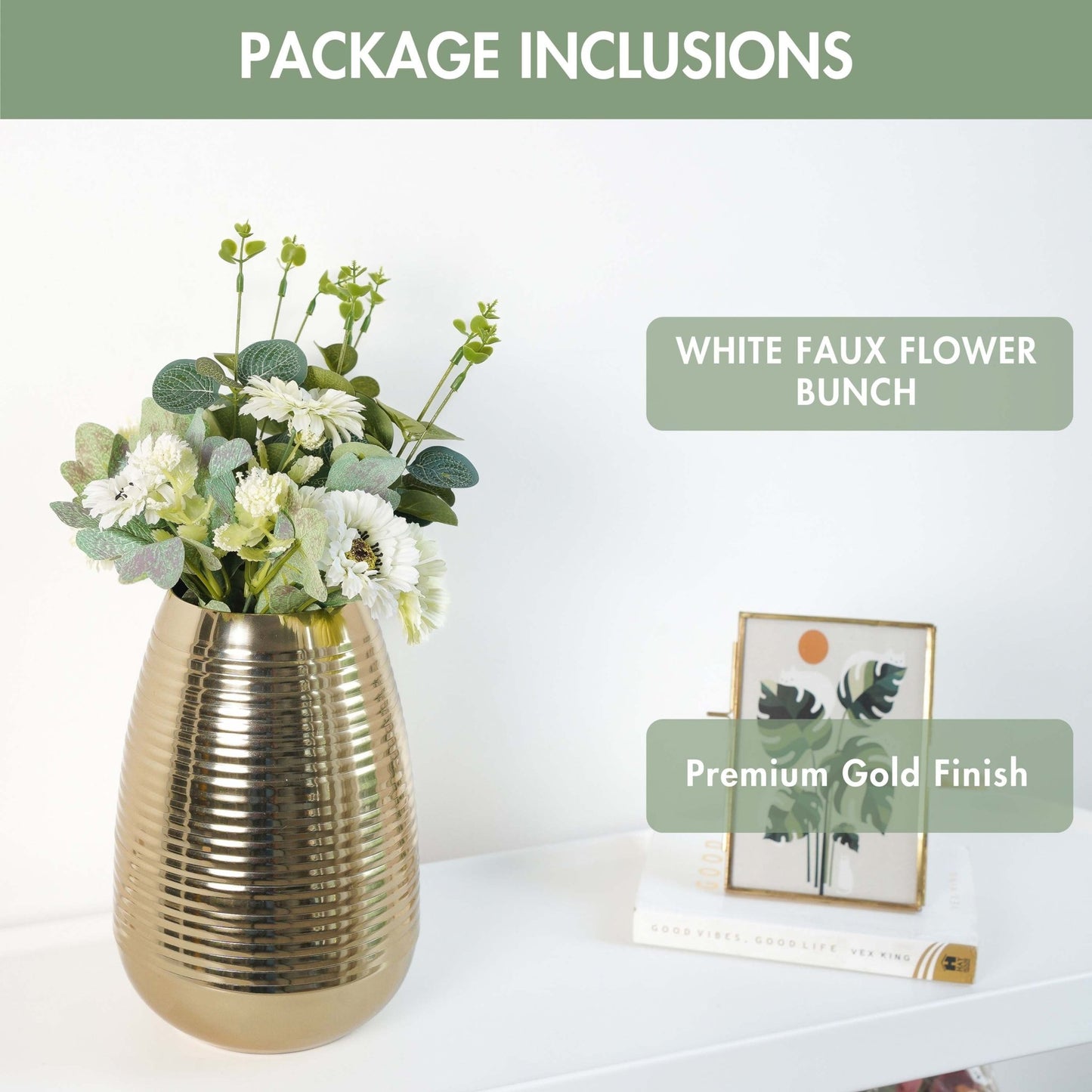 Behoma Combo of Gold Metal Ribbed Vase and Artificial Flowers Bouquet (White Daisy) - Behoma