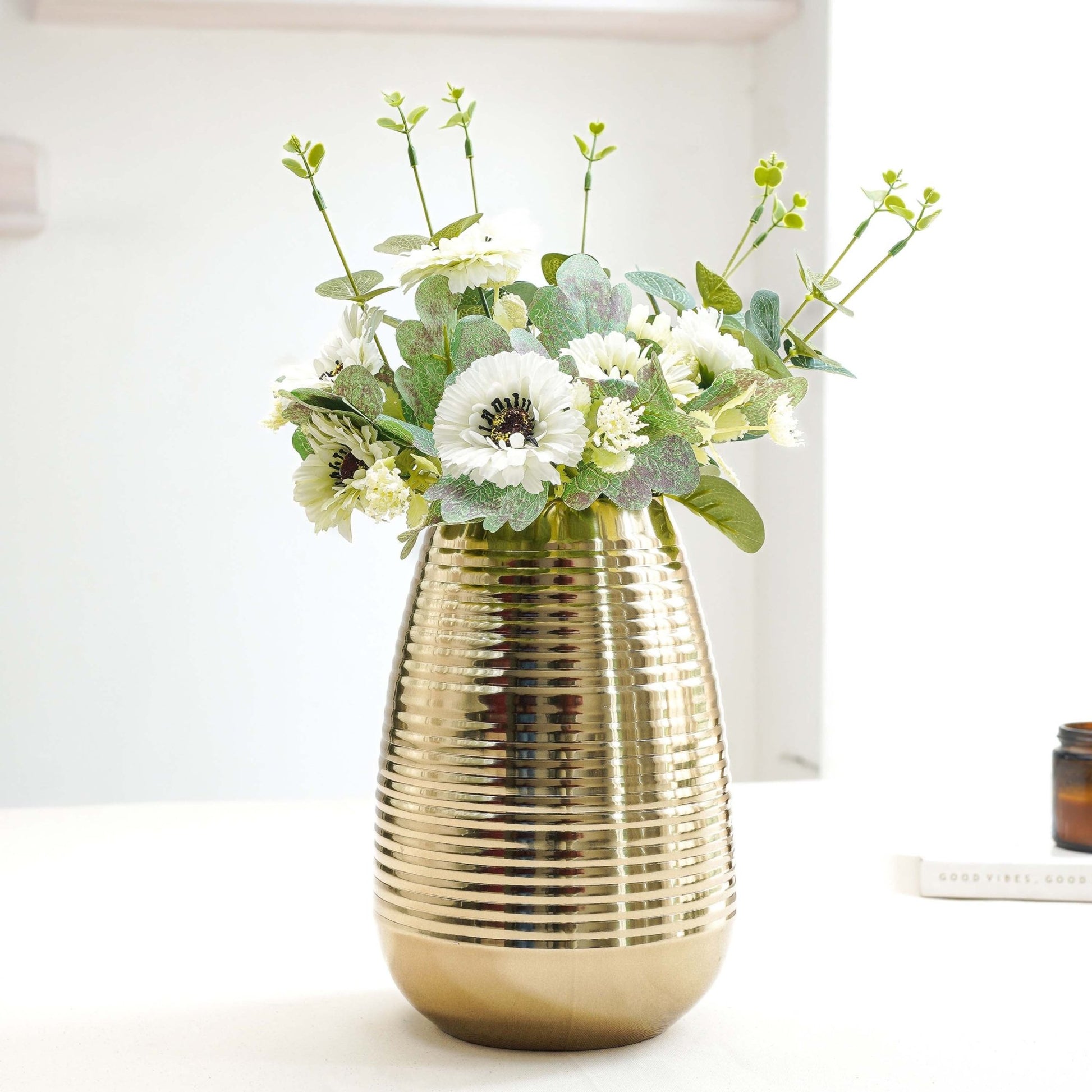 Behoma Combo of Gold Metal Ribbed Vase and Artificial Flowers Bouquet (White Daisy) - Behoma