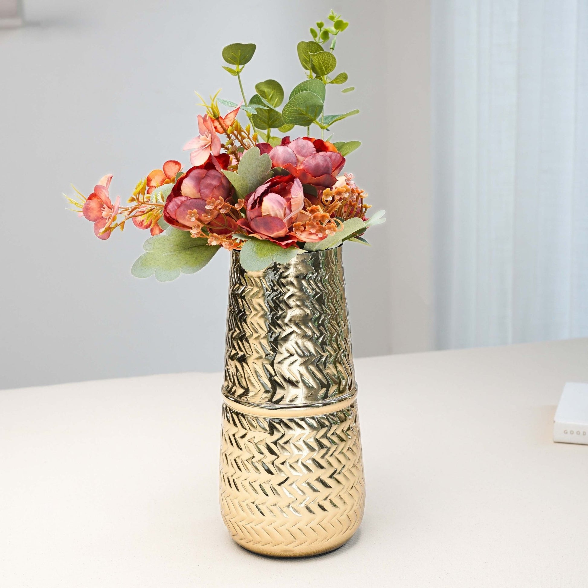 Behoma Combo of Metal Arrow Engrave Vase and Artificial Rustic Rose Bouquet - Behoma