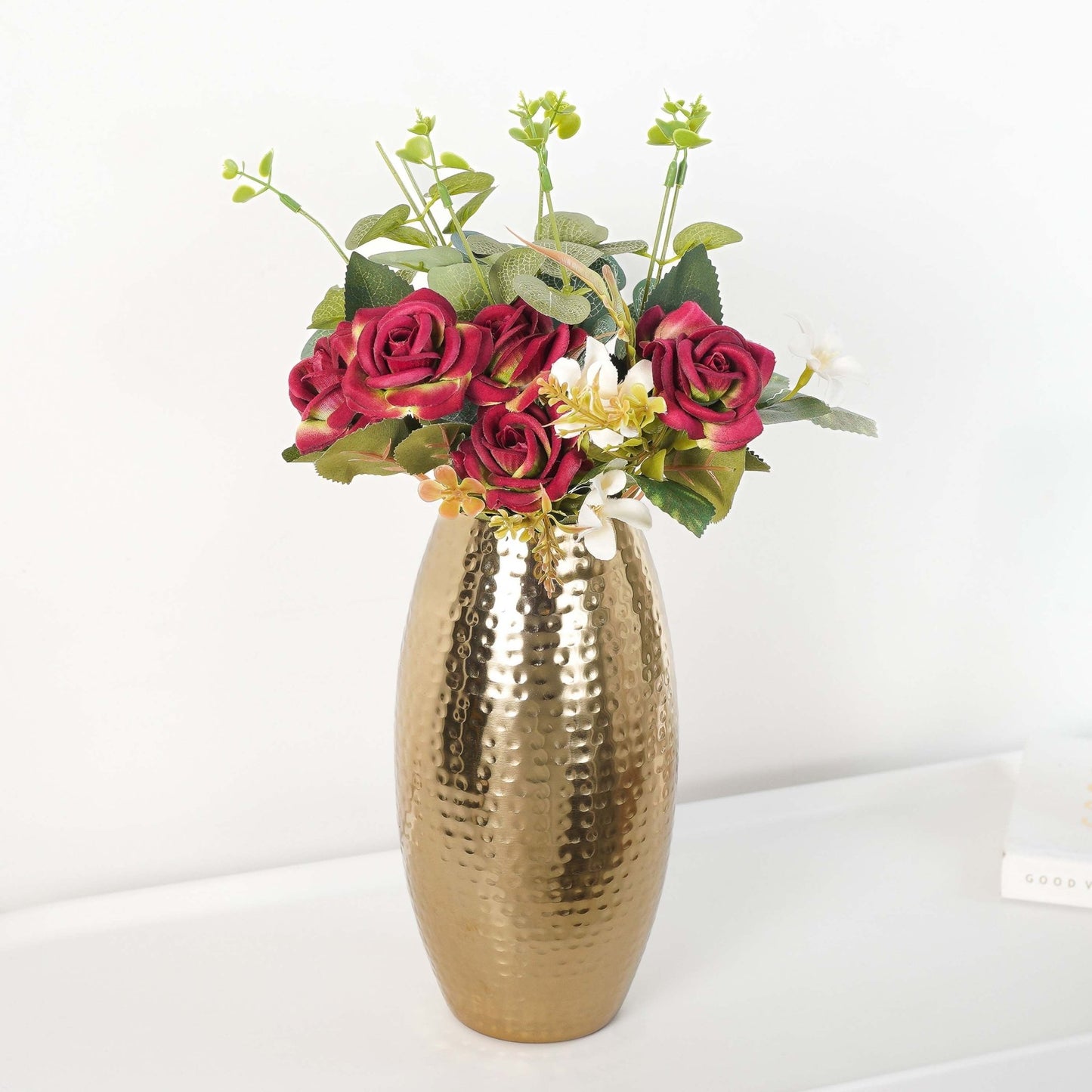 Behoma Combo of Metal Hammered Vase and Artificial Red Rose Bouquet - Behoma