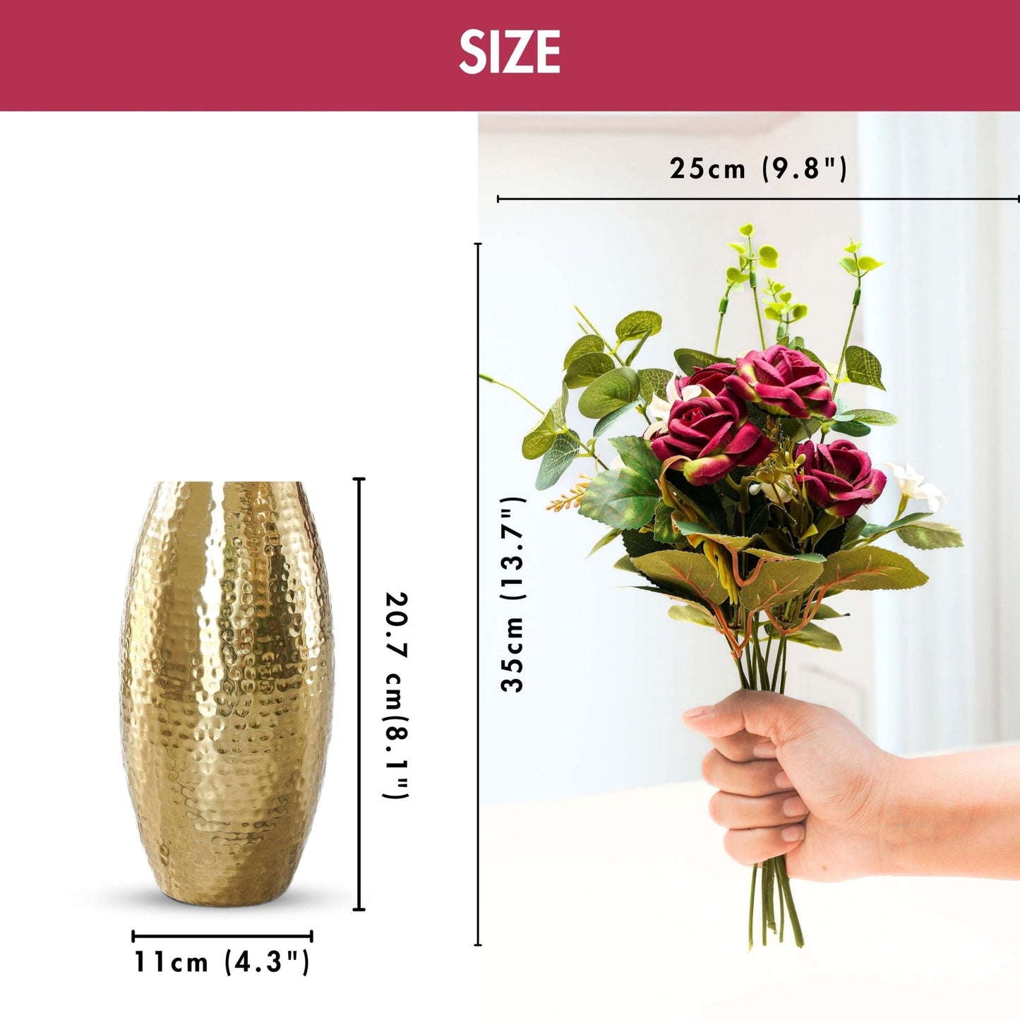 Behoma Combo of Metal Hammered Vase and Artificial Red Rose Bouquet - Behoma