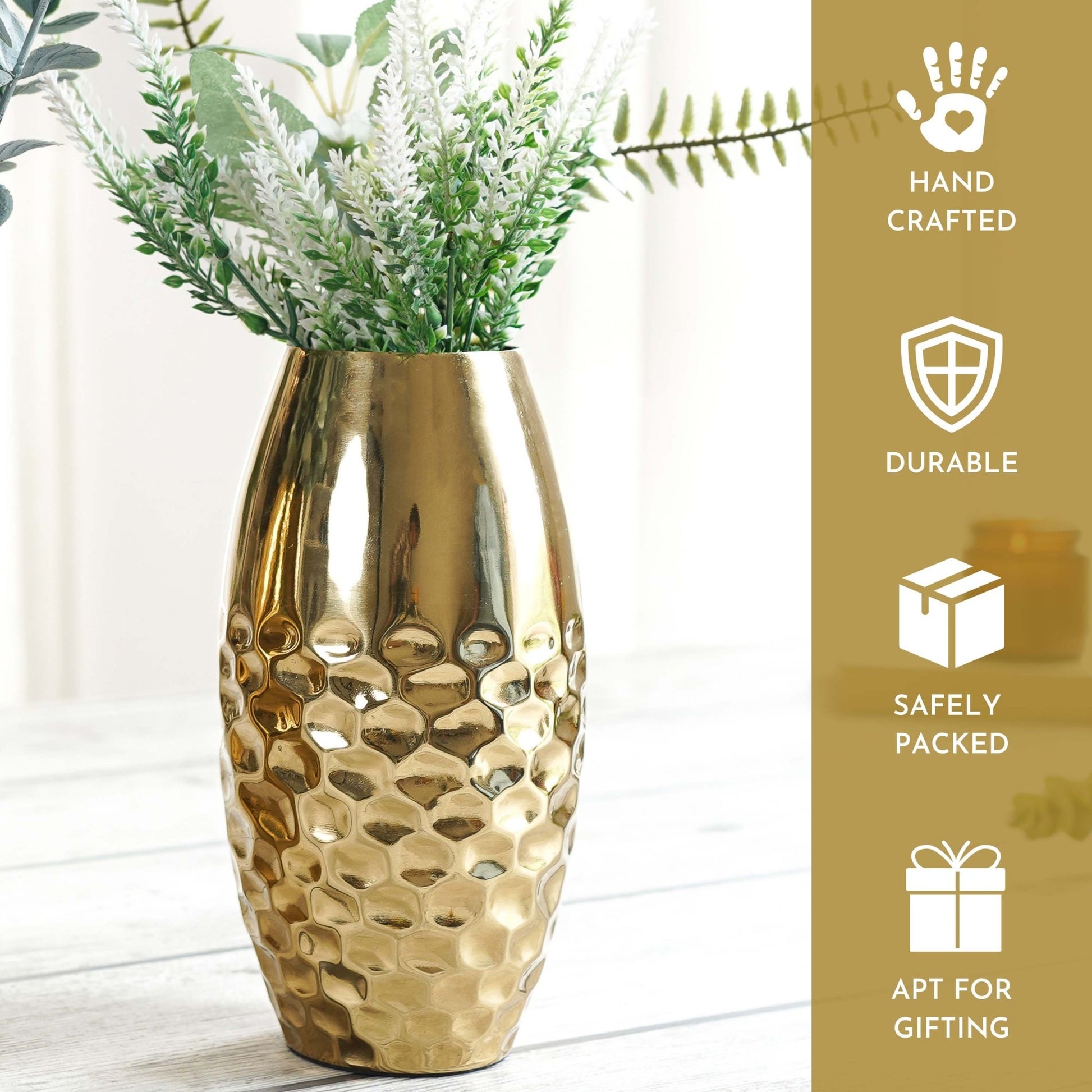 Behoma Metal Modern Hammered Flower Vase, Gold, 8.1'' - Behoma