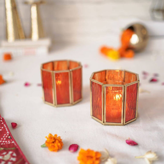 Behoma Textured Orange Glass Votive Candle Holder, Set of 2 - Behoma