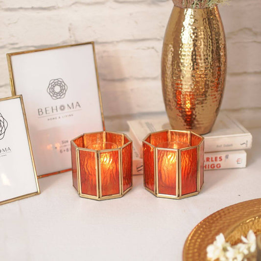 Behoma Textured Orange Glass Votive Candle Holder, Set of 2 - Behoma