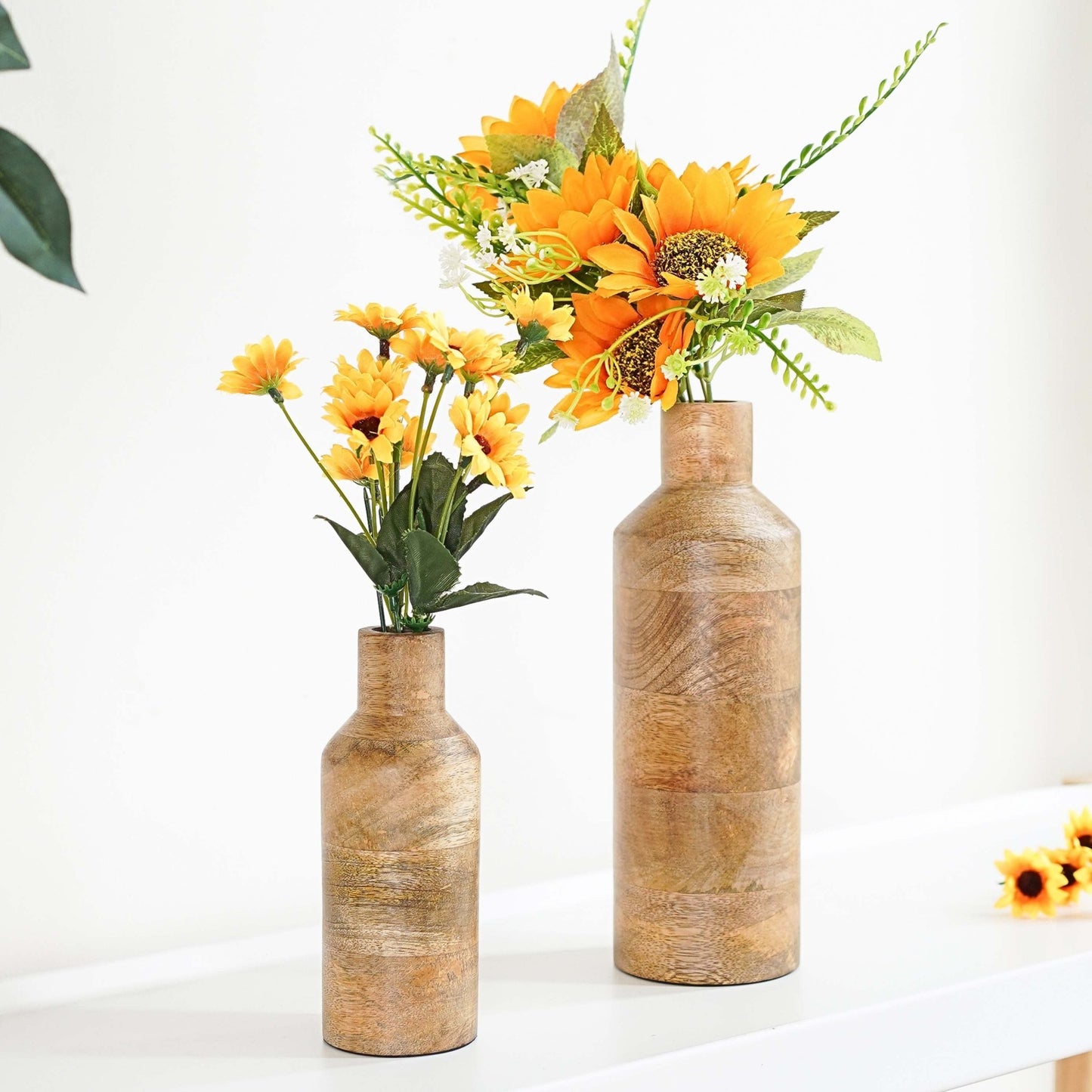 Bottle Style Flower Vase, Natural Finish, Set - 9'' & 5.9'' - Behoma