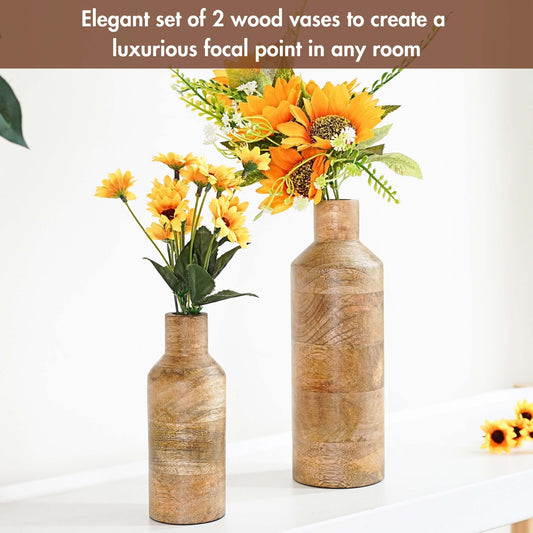 Bottle Style Flower Vase, Natural Finish, Set - 9'' & 5.9'' - Behoma