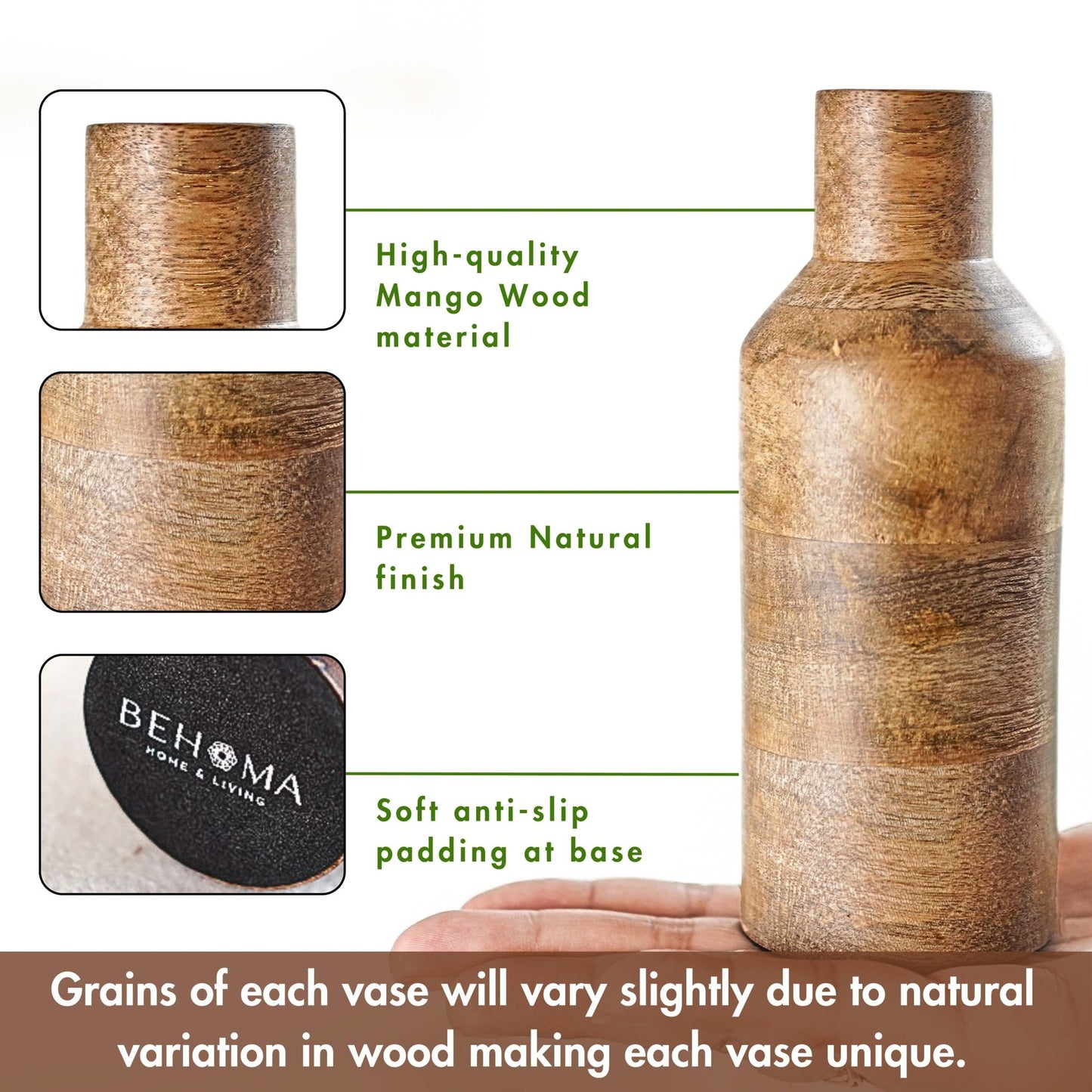 Bottle Style Flower Vase, Natural Finish, Set - 9'' & 5.9'' - Behoma