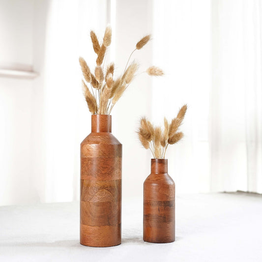 Bottle Style Flower Vase, Walnut Finish, Set - 9'' & 5.9'' - Behoma