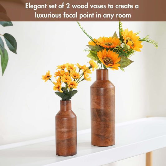 Bottle Style Flower Vase, Walnut Finish, Set - 9'' & 5.9'' - Behoma