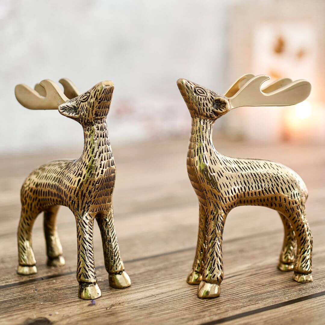 Christmas Reindeer showpiece, Gold, Metal - Set of 2 - Behoma