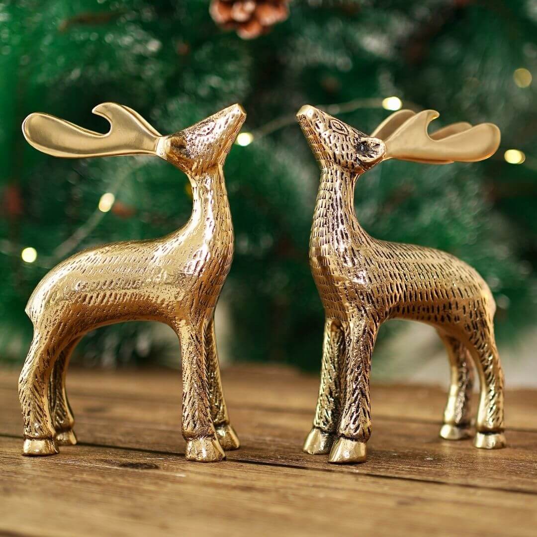 Christmas Reindeer showpiece, Gold, Metal - Set of 2 - Behoma